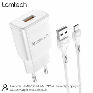 Incarcator retea Lamtech, 18W, QC3.0, 1xUSB, Cablu MicroUSB 1m inclus, Alb