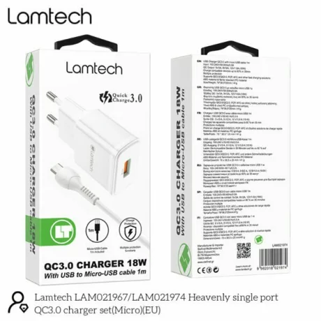 Incarcator retea Lamtech, 18W, QC3.0, 1xUSB, Cablu MicroUSB 1m inclus, Alb