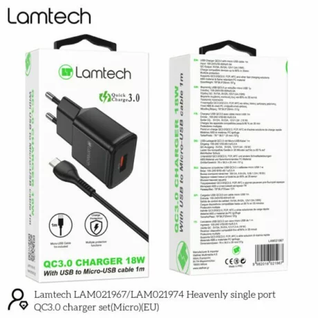 Incarcator retea Lamtech, 18W, QC3.0, 1xUSB, Cablu MicroUSB 1m inclus, Negru