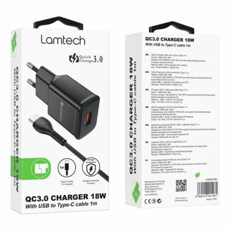 Incarcator retea Lamtech, 18W, QC3.0, 1xUSB, Cablu Type-C 1m inclus, Negru