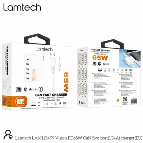 Incarcator retea Lamtech, GaN Fast Charge, PD, 65W, 1xUSB Type-C, 4xUSB QC3.0, Alb