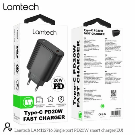 Incarcator retea Lamtech, PD, 20W, 1xUSB Type-C, Negru