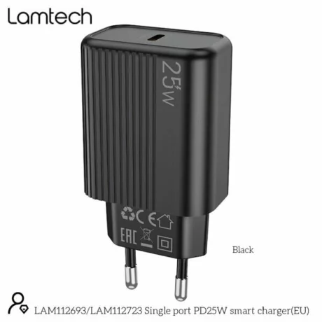 Incarcator retea Lamtech, PD, 25W, 1xUSB Type-C, Negru