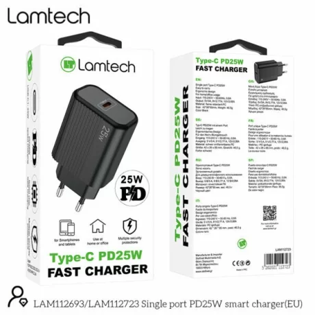 Incarcator retea Lamtech, PD, 25W, 1xUSB Type-C, Negru