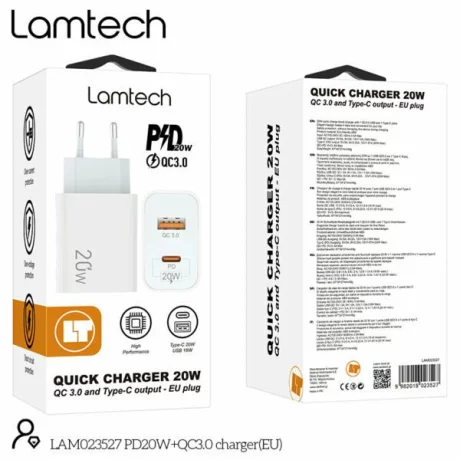 Incarcator retea Lamtech, QC3.0, PD, 20W, 1xUSB, 1xUSB Type-C, Alb