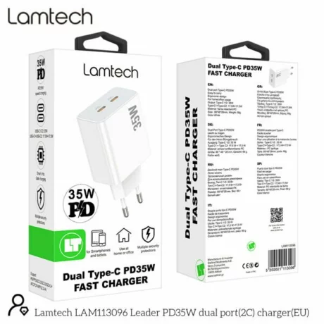 Incarcator retea Lamtech, QC3.0, PD, 35W, 2xUSB Type-C, Alb