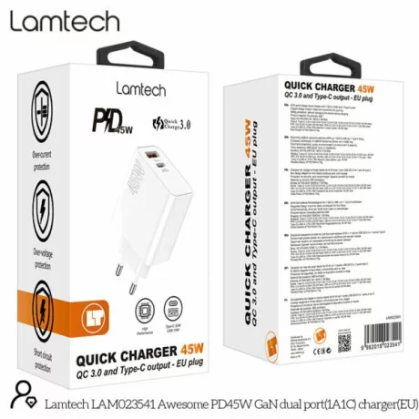 Incarcator retea Lamtech, QC3.0, PD, 45W, 1xUSB, 1xUSB Type-C, Alb