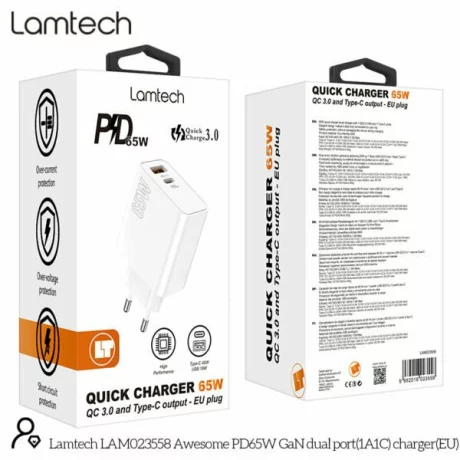 Incarcator retea Lamtech, QC3.0, PD, 65W, 1xUSB, 1xUSB Type-C, Alb
