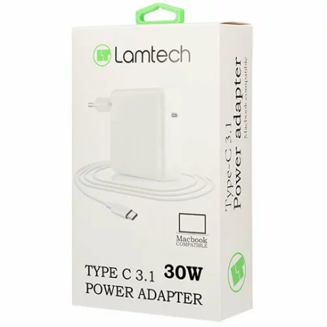 Incarcator retea Lamtech, Type-C 3.1, 30W, 15V, 2A, Cablu 2m, Alb