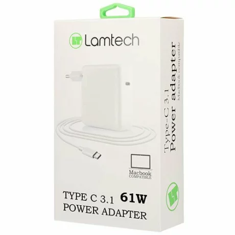 Incarcator retea Lamtech, Type-C 3.1, 61W, 20.3V, 3A, Cablu 2m, Alb