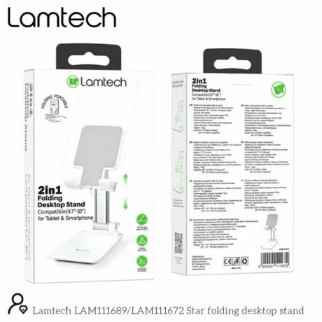 Suport birou telefon/tableta Lamtech, Compatibil 4.7~10 inch, Inaltime ajustabila, Unghi ajustabil 120 grade, Alb LAM111672