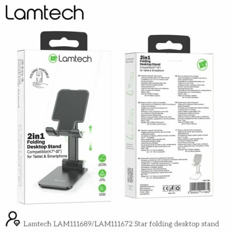 Suport birou telefon/tableta Lamtech, Compatibil 4.7~10 inch, Inaltime ajustabila, Unghi ajustabil 120 grade, Negru LAM111689
