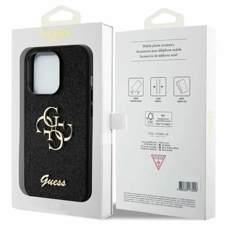 Husa de protectie Guess Fixed Glitter 4G Metal Logo pentru iPhone 15 Pro, Negru