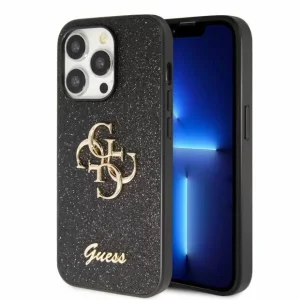 Husa de protectie Guess Fixed Glitter 4G Metal Logo pentru iPhone 15 Pro, Negru