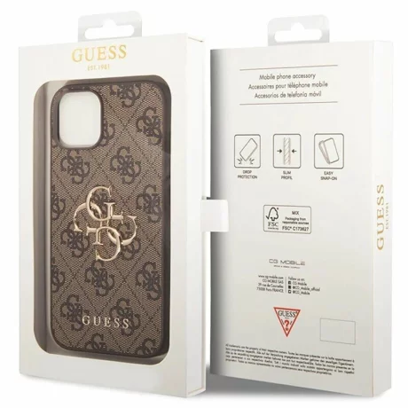 Husa de protectie Guess PU 4G Metal Logo pentru iPhone 15 Brown
