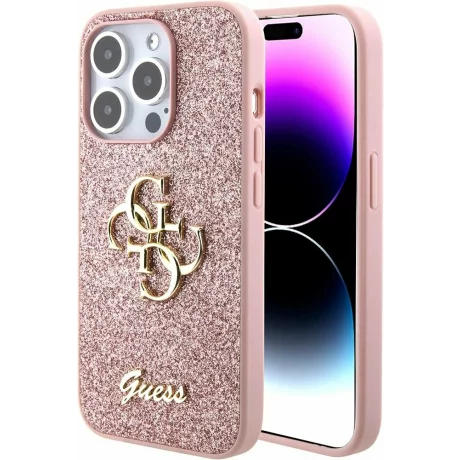 Husa de protectie Guess PU Fixed Glitter 4G Metal Logo Case for iPhone 15 Pro Max Pink