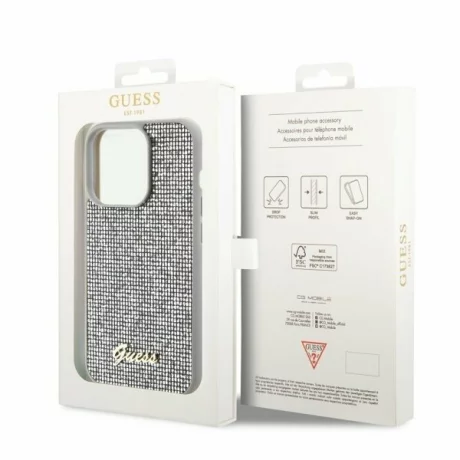 Husa de protectie Guess PU Square Mirror Script Logo Case for iPhone 15 Pro Max Silver