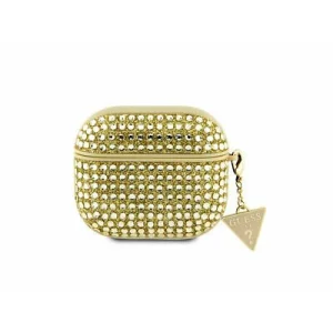 Husa de protectie Guess Rhinestones Triangle Metal Logo pentru AirPods 3, Auriu