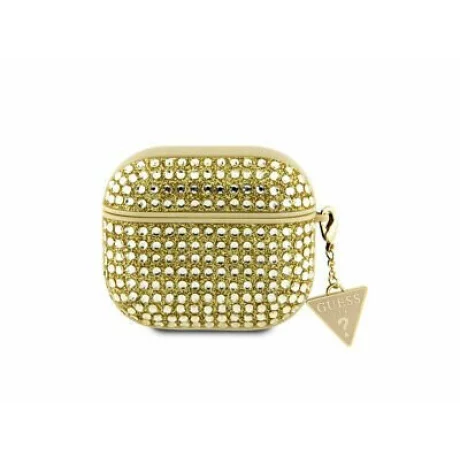 Husa de protectie Guess Rhinestones Triangle Metal Logo pentru AirPods 3, Auriu