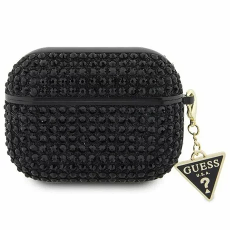 Husa de protectie Guess Rhinestones Triangle Metal Logo pentru AirPods 3, Negru