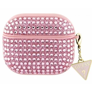 Husa de protectie Guess Rhinestones Triangle Metal Logo pentru AirPods 3, Roz