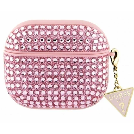 Husa de protectie Guess Rhinestones Triangle Metal Logo pentru AirPods 3, Roz