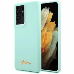 Husa de protectie Guess Silicone Metal Logo Script pentru Samsung Galaxy S21 Ultra 5G, Vernil