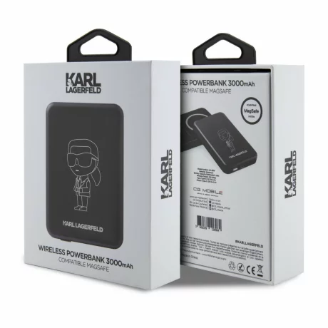 Acumulator extern wireless Karl Lagerfeld, 3000mAh, Magsafe, 1xUSB-C, Indicator baterie, Negru