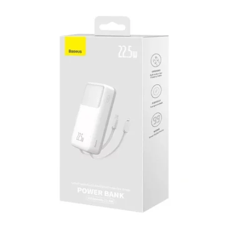 Acumulator extern Baseus Comet, 20000mAh, 22.5W, 1xUSB , 1xUSB-C, Cablu USB-C +Cablu Lightning incorporat, PD, Indicator baterie, Alb