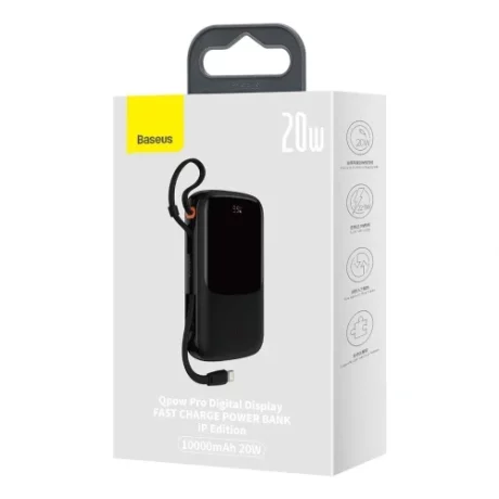 Acumulator extern Baseus Qpow Pro, Overseas Edition, 10000mAh, 20W, Cablu Lightning incorporat, 1xUSB , 1xUSB-C, 1xUSB Lightning, QC, PD, FCP, SCP, Display, Cablu USB la USB-C inclus, Negru