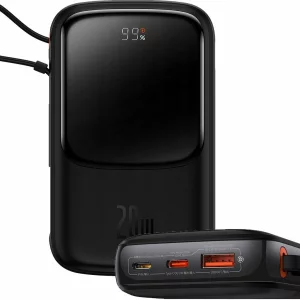 Acumulator extern Baseus Qpow Pro, Overseas Edition, 10000mAh, 20W, Cablu Lightning incorporat, 1xUSB , 1xUSB-C, 1xUSB Lightning, QC, PD, FCP, SCP, Display, Cablu USB la USB-C inclus, Negru
