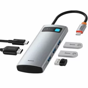 Hub Baseus WKWG020013 Metal Gleam Series 5-in-1, conectare PC USB Type-C, 3 x USB 3.0, 1 x Type-C PD 100W, 1 x HDMI 4K/30Hz, gri