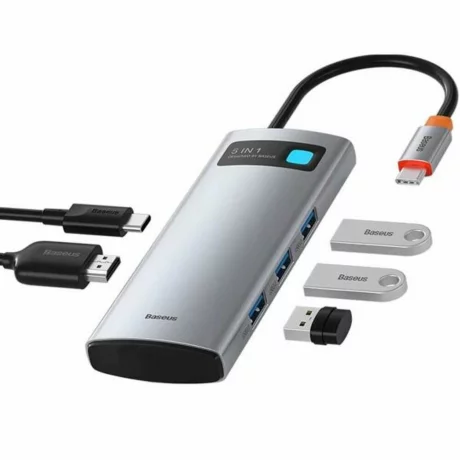Hub Baseus WKWG020013 Metal Gleam Series 5-in-1, conectare PC USB Type-C, 3 x USB 3.0, 1 x Type-C PD 100W, 1 x HDMI 4K/30Hz, gri