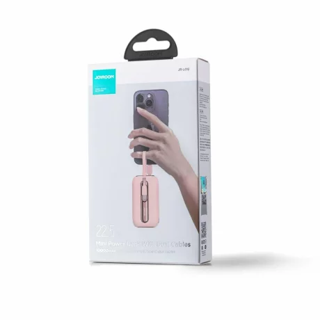 Acumulator extern Joyroom, Colorful Series, 10000mAh, 22.5W, 1xUSB-C, Indicator baterie, Cablu Lightning si USB-C incorporat, Roz