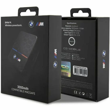 Acumulator extern wireless BMW M Collection, 3000mAh, 5W, Magsafe, 1xUSB-C, 1xMicroUSB, Cablu USB-C inclus, Indicator baterie, Negru