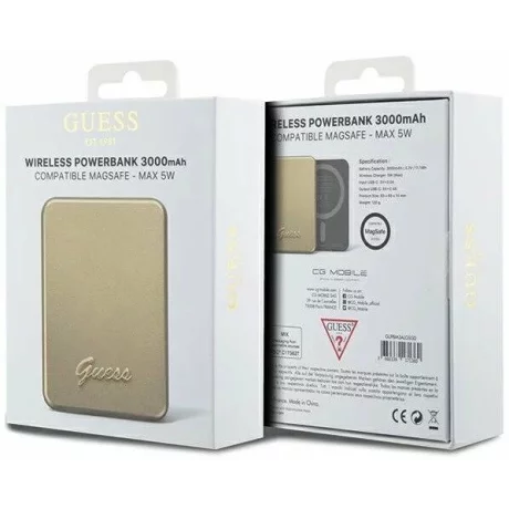 Acumulator extern wireless Guess, 3000mAh, 5W, Magsafe, 1xUSB-C, Indicator baterie, Auriu