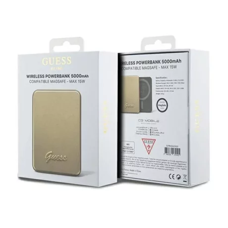 Acumulator extern wireless Guess, 5000mAh, 15W, Magsafe, 1xUSB-C, Indicator baterie, Auriu