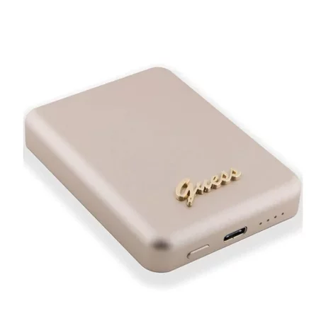 Acumulator extern wireless Guess, 5000mAh, 15W, Magsafe, 1xUSB-C, Indicator baterie, Auriu