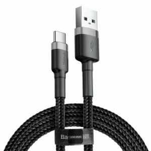Cablu Date si Incarcare Baseus, Cafule CATKLF-BG1, USB la USB Type-C, 3A, 1m, Gri - Negru