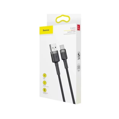 Cablu Date si Incarcare Baseus, Cafule CATKLF-BG1, USB la USB Type-C, 3A, 1m, Gri - Negru
