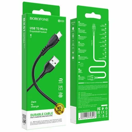 Cablu Date si Incarcare Borofone, BX51 Triumph, USB la MicroUSB, 1m, 2.4A, Negru