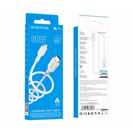 Cablu Date si Incarcare Borofone, BX70, USB Type-C la USB Type-C, 1m, 3A, 60W, Alb