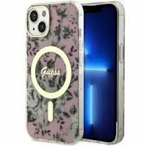 Husa de protectie Guess Flowers IML MagSafe Compatible pentru  iPhone 14, Roz