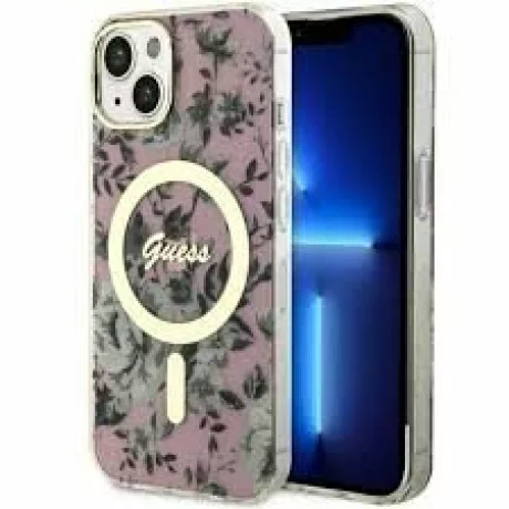 Husa de protectie Guess Flowers IML MagSafe Compatible pentru  iPhone 14, Roz
