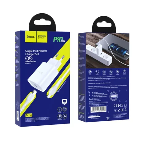Incarcator Retea cu cablu Lightning HOCO N14, Quick Charge, 20W, 1 X USB Tip-C, Alb