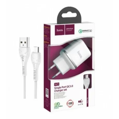 Incarcator Retea HOCO, N3, Quick Charge, 18W, 1 X USB, cablu MicroUSB, Alb