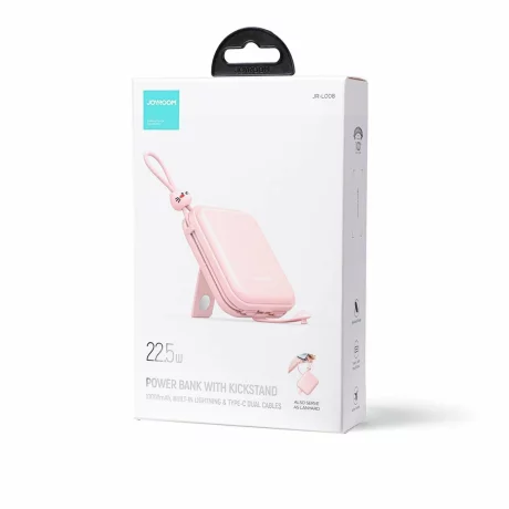 Acumulator extern Joyroom, Cutie Series, 10000mAh, 22.5W, 1xUSB-C, Indicator baterie, Cablu Lightning si USB-C incorporat, Stand alone, Roz