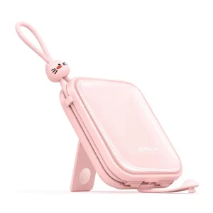 Acumulator extern Joyroom, Cutie Series, 10000mAh, 22.5W, 1xUSB-C, Indicator baterie, Cablu Lightning si USB-C incorporat, Stand alone, Roz