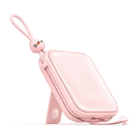 Acumulator extern Joyroom, Cutie Series, 10000mAh, 22.5W, 1xUSB-C, Indicator baterie, Cablu Lightning si USB-C incorporat, Stand alone, Roz