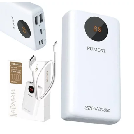 Acumulator extern Romoss, 10000mAh, 22.5W, 2xUSB , 1xUSB-C, 1xMicroUSB, 1xLightning, Indicator baterie, Alb